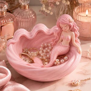 Könnte beinhalten: Eine rosa muschelförmige Schmuckschale mit einer Meerjungfrau-Figur. Die Meerjungfrau hat rosa Haare und einen Schwanz und ruht in der Schale, die Schmuck und Perlen enthält. Eine brennende Kerze und Parfümflaschen sind im Hintergrund.