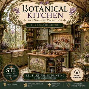 Könnte beinhalten: Ein 1:12 Puppenhaus-Küchenmodell im Miniaturformat mit grünen Schränken, einer Kücheninsel mit Iris-Blumenmotiven, Kupfergeschirr und Buntglasfenstern. Der digitale Download enthält STL-Dateien für den 3D-Druck dieser botanischen Küche.