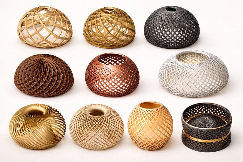 May include: A collection of eleven decorative objects with intricate lattice, mesh, and geometric patterns. The items are spherical, dome-shaped, or cylindrical, featuring metallic finishes in gold, bronze, silver, copper, and matte black colors.