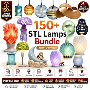May include: A digital collection titled 150+ STL Lamps Bundle featuring various 3D printable lamp designs including geometric, organic, and sculptural shapes. The image displays multiple illuminated lamp models, file format icons, and text labels.