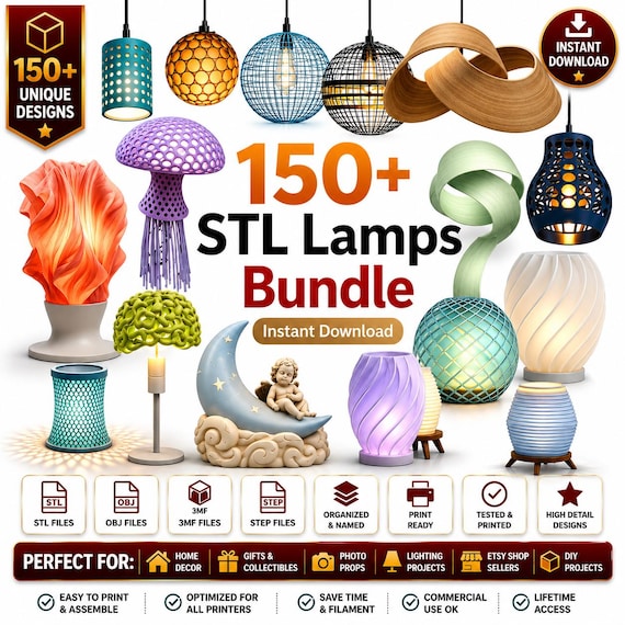 150+ Lamp STL Bundle | 3D Printed Shades, Modern Lighting Files (Digital Download)