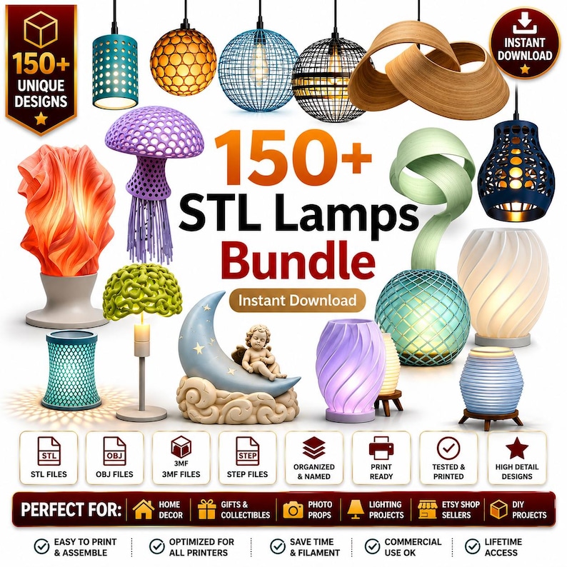 May include: A digital collection titled 150+ STL Lamps Bundle featuring various 3D printable lamp designs including geometric, organic, and sculptural shapes. The image displays multiple illuminated lamp models, file format icons, and text labels.