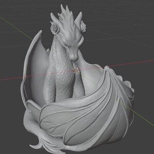 Pu&ograve; includere: Una scultura 3D di un drago, con un design dettagliato. Il drago &egrave; seduto all'interno di una struttura stilizzata a forma di foglia, con le ali spiegate. La testa del drago &egrave; adornata da dettagli a forma di rosa. La scultura &egrave; resa in un colore grigio neutro.
