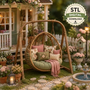 May include: A miniature hanging egg chair with a wooden frame, featuring a sage green cushion, a pink throw blanket, and several decorative pillows with floral patterns. A circular badge in the corner reads STL DIGITAL DOWNLOAD.