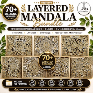 May include: A digital bundle of 70+ layered mandala designs for laser cutting machines. The graphic features gold and black text, including 'PREMIUM LAYERED MANDALA BUNDLE' and '11 x 14 INCHES (279.4 x 355.6 mm)', showcasing several intricate, multi-layered geometric patterns.