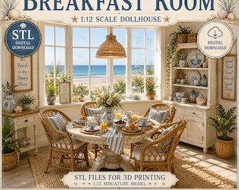 May include: A 1:12 scale dollhouse miniature set titled Seaside Breakfast Room, featuring a round table with four wicker chairs, a hutch filled with blue and white dishware, a woven pendant light, and a view of the ocean through a large window.