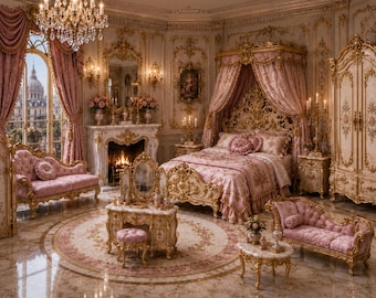 May include: A bedroom set featuring a canopy bed with pink floral bedding, two tufted pink chaise lounges, a vanity table with a mirror and stool, a marble fireplace, a crystal chandelier, and a large wardrobe, all with ornate gold-toned detailing.