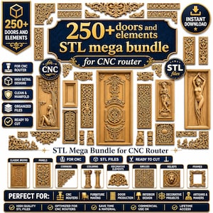 Op de afbeelding: Een digitale collectie van 250+ deuren en decoratieve elementen in STL-formaat voor CNC-frezen. De afbeelding toont diverse goudkleurige houtsnijwerkontwerpen, waaronder sierlijke deurpanelen, reliëfsculpturen, hoekstukken en zuilen.
