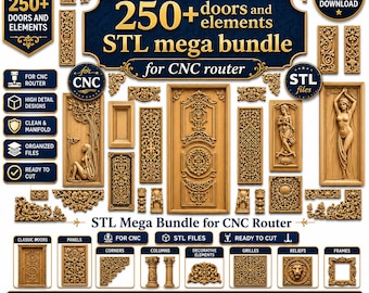May include: A digital collection of 250+ doors and decorative elements in STL format for CNC routers. The image displays various gold-toned wood-carved designs, including ornate door panels, relief sculptures, corner pieces, and columns.