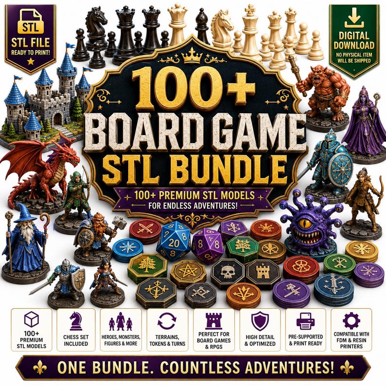 May include: A digital bundle of 100+ board game STL files featuring 3D printable chess pieces, fantasy character miniatures like dragons, wizards, and monsters, plus various gaming tokens, dice, and terrain elements for tabletop role-playing games.
