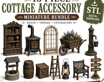 May include: A 13-piece miniature cottage accessory bundle featuring digital STL files for 3D printing. The set includes a bookshelf, wood stove, arched window, wheelbarrow with flowers, water pump, stone well, barrel, crate, ladder, lantern, bench, and signpost.