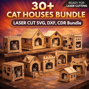 Puede incluir: Una colección de casas para gatos de madera, cada una con un gato en su interior. Las casas están cortadas con láser y tienen el texto "30+ CAT HOUSES BUNDLE" y "READY FOR LASER CUTTING".