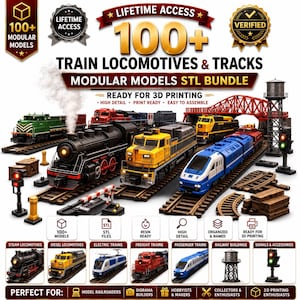 Può includere: Un pacchetto digitale di oltre 100 locomotive e binari modulari per la stampa 3D. L'immagine mostra vari modelli di treni, tra cui locomotive a vapore, diesel ed elettriche, insieme a edifici ferroviari, segnali e accessori in una collezione.