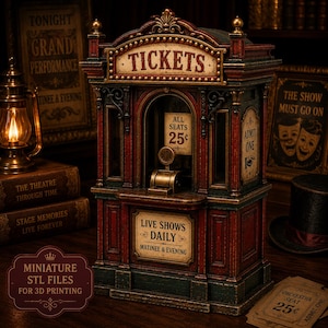 May include: A miniature ticket booth model featuring a dark red and green weathered finish. The structure displays signs reading TICKETS, ALL SEATS 25 cents, ADMIT ONE, and LIVE SHOWS DAILY MATINEE & EVENING. It includes a small brass-colored counter.