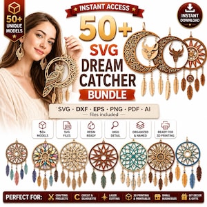 50+ dromenvanger SVG-bundel | Boho-mandala, veren lasergesneden bestanden (digitale download)