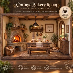 Peut inclure: Un diorama miniature à l'échelle 1:12 d'une boulangerie de cottage avec une cheminée en pierre, une table en bois avec banc, un panier en osier rempli de pain, une suspension, un chien sur un coussin et un panneau Happiness Smells Like Fresh Bread.
