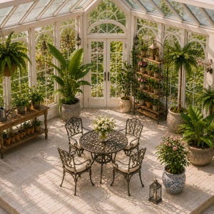 May include: A conservatory featuring a round metal dining table with four matching chairs, each with cream-coloured cushions. The space includes a wooden console table, a multi-tiered metal shelving unit, and various potted plants in ceramic containers.