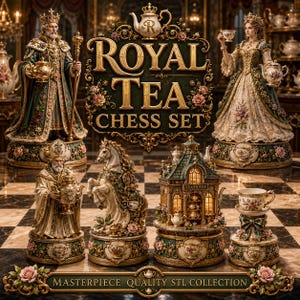 Könnte beinhalten: Ein Royal Tea Schachspiel mit verzierten Figuren eines Königs und einer Königin in grün-goldenen Gewändern, einem Bischof, einem Pferd, einem Teehaus und einer Teetasse auf einer Untertasse. Das Set enthält florale Akzente und den goldenen Schriftzug ROYAL TEA CHESS SET und MASTERPIECE QUALITY STL COLLECTION.