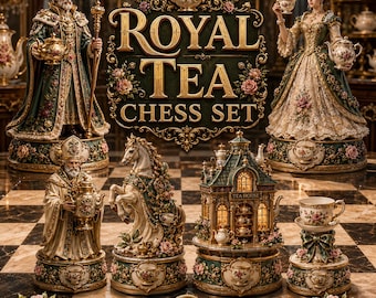 May include: A Royal Tea Chess Set featuring ornate figurines of a king and queen in green and gold robes, a bishop, a horse, a tea house, and a teacup on a saucer. The set includes decorative floral accents and gold text reading ROYAL TEA CHESS SET and MASTERPIECE QUALITY STL COLLECTION.