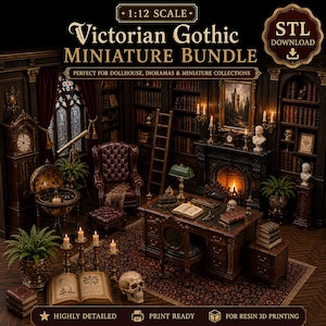 Puede incluir: Un paquete de miniaturas góticas victorianas a escala 1:12, archivo digital para impresión 3D. La imagen muestra un estudio oscuro y detallado con un sillón de cuero, un escritorio de madera, una chimenea, estanterías y varios cráneos.