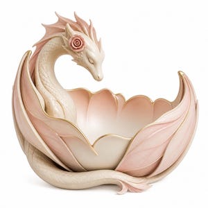 Pu&ograve; includere: Una ciotola decorativa a forma di drago in ceramica color crema e rosa. Il drago ha una rosa sulla testa ed &egrave; racchiuso in una ciotola con lati a forma di petalo. I bordi dorati accentuano i bordi, creando un elegante oggetto a tema fantasy.