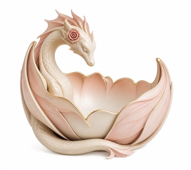 Pu&ograve; includere: Una ciotola decorativa a forma di drago in ceramica color crema e rosa. Il drago ha una rosa sulla testa ed &egrave; racchiuso in una ciotola con lati a forma di petalo. I bordi dorati accentuano i bordi, creando un elegante oggetto a tema fantasy.