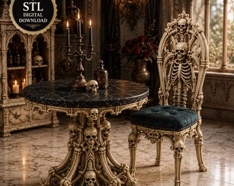 May include: A round table and chair set featuring a bone-like structure with multiple skull accents. The table has a black marble top, and the chair has a dark blue tufted seat. A gold emblem reads STL DIGITAL DOWNLOAD in the upper left corner.