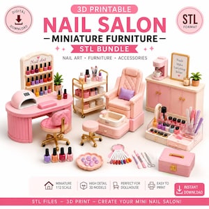Può includere: Un set di mobili in miniatura per salone di bellezza stampabili in 3D in formato STL, che include una scrivania rosa, un espositore per smalti, una poltrona per pedicure, un carrello, un mobiletto e vari accessori, smalti e strumenti.