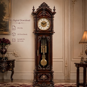 May include: A tall dark wood grandfather clock with gold accents, a white clock face with Roman numerals, and a visible pendulum. Text reads: STL Digital Download, STL File, 3D Print Ready, Suitable for All Scales. The clock features ornate carvings.