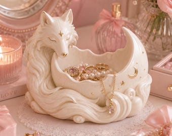 May include: A white ceramic jewelry holder shaped like a fox curled around a crescent moon. The moon-shaped dish holds rings, necklaces, and pearls. Gold accents and star details adorn the holder. The jewelry holder sits on a white lace doily.