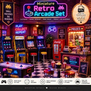 Retro arkadset i skala 1:12 | Diorama i vintage-spelrum (digital nedladdning)