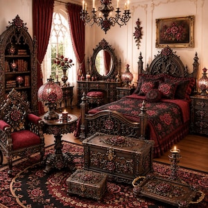 May include: A bedroom set featuring dark wood furniture with intricate floral carvings and red rose accents. The collection includes a bed, a tall bookshelf, a vanity with a mirror, a chair, a side table, two storage chests, and a serving tray.
