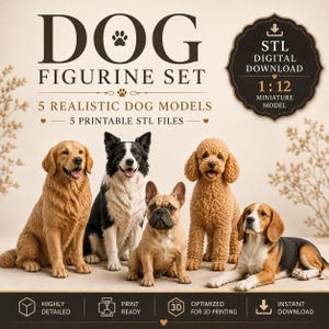 以下が含まれることがあります： 1:12スケールのリアルな犬のフィギュアモデル5種類のデジタルダウンロードセット。画像には、ゴールデンレトリバー、白黒のボーダーコリー、フォーンのフレンチブルドッグ、巻き毛の茶色のプードル、ビーグルが写っています。テキストにはDOG FIGURINE SETと記載されています。