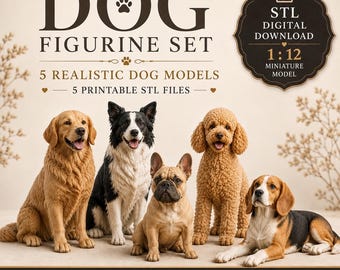 Op de afbeelding: Een digitale downloadset van 5 realistische hondenfiguurmodellen op schaal 1:12. De afbeelding toont een golden retriever, een zwart-witte border collie, een reekleurige Franse bulldog, een krullende bruine poedel en een beagle.