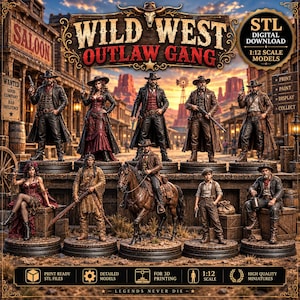Può includere: Una collezione di miniature Wild West Outlaw Gang in scala 1:12, che include cowboy, una cowgirl e un cavallo. Il set scaricabile digitalmente presenta personaggi dettagliati in abbigliamento western, esposti su basi circolari con sfondo desertico.