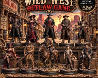 Paquete STL de bandas de forajidos del Salvaje Oeste / 10 figuras en miniatura a escala 1:12 (descarga digital)