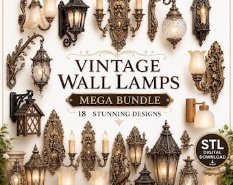 May include: A collection of 18 vintage wall lamps featuring ornate metalwork, glass shades, and candle-style bulbs. The text reads VINTAGE WALL LAMPS MEGA BUNDLE 18 STUNNING DESIGNS and STL DIGITAL DOWNLOAD. These decorative lighting fixtures vary in style.