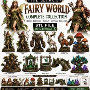 Peut inclure: Une collection numérique intitulée The Ultimate Fairy World Complete Collection comprenant des fichiers STL pour impression 3D. Inclut des figurines de fées, une créature arborée, un cerf, un renard, des maisons champignons et des structures en cristal.