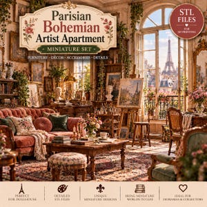 Può includere: Un set di miniature digitale intitolato Parisian Bohemian Artist Apartment, contenente file STL per la stampa 3D. L'immagine mostra un interno dettagliato con un divano in velluto, mobili in legno, un cavalletto e una vista sulla Torre Eiffel.