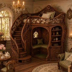 May include: A dark wood loft bed featuring an ornate, carved floral design, a curved staircase with integrated storage drawers, a built-in lower seating nook with green cushions, and open shelving units filled with decorative items and books.