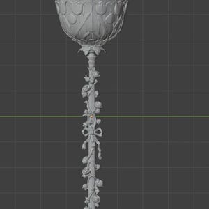 May include: A grey 3D digital model of a tall pedestal bowl featuring a scalloped rim with tulip motifs. The slender central column is adorned with sculpted roses and a ribbon bow, resting on a circular base with intricate floral detailing.