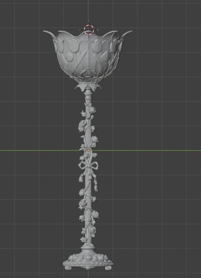 May include: A grey 3D digital model of a tall pedestal bowl featuring a scalloped rim with tulip motifs. The slender central column is adorned with sculpted roses and a ribbon bow, resting on a circular base with intricate floral detailing.