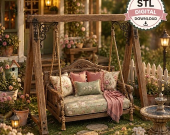 May include: A wooden porch swing with a natural finish, suspended by thick ropes from an A-frame stand. The seat features floral-patterned cushions in shades of green and pink, accented by a soft pink throw blanket and decorative pillows.