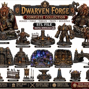 Puede incluir: Una colección digital de archivos STL imprimibles en 3D titulada Dwarven Forge Complete Collection. Incluye modelos detallados de un rey, herrero, guardián, carnero, puerta, fundición, cueva de cristal, tesoro, puente, trono y varios accesorios.