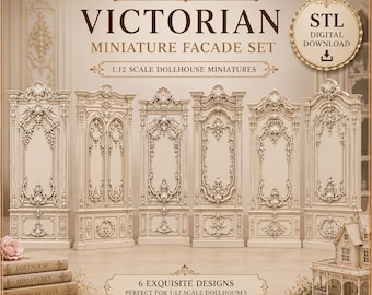 May include: A set of six off-white Victorian miniature facade panels for 1:12 scale dollhouses. The digital download includes STL files for these highly detailed architectural wall pieces, featuring ornate carvings and decorative molding designs.