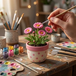 Peut inclure: Une petite plante en pot avec des fleurs roses semblables à des marguerites et des feuilles vertes dans un pot en céramique blanc avec un bord rose et des pois roses. La plante est entourée de pinceaux, de pots de peinture et d'une palette.