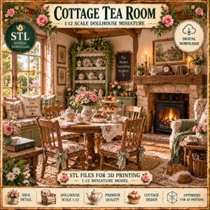 May include: A 1:12 scale dollhouse miniature digital download titled Cottage Tea Room. The scene features a wooden dining table with floral tea sets, a fireplace with a burning fire, a hutch with dishes, and a sleeping cat on the floor.