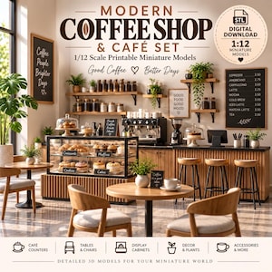 Pode incluir: Um conjunto de download digital em escala 1:12 de modelos em miniatura imprimíveis para uma cafeteria moderna. O conjunto inclui modelos 3D de balcões, mesas, cadeiras, vitrines, decoração, plantas e acessórios para um mundo em miniatura.
