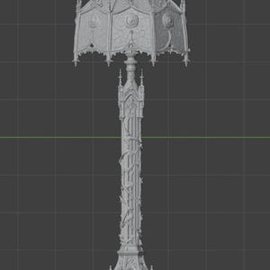 May include: A grey 3D digital model of a floor lamp featuring an ornate, multi-faceted shade with intricate relief patterns and a tall, slender central column decorated with climbing vine motifs, resting on a wide, detailed architectural base.