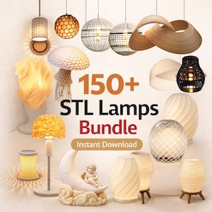 Puede incluir: Una colección de lámparas de varios estilos, incluyendo colgantes y de mesa. Los diseños incluyen formas de globo, hongo y abstractas. La imagen contiene el texto "150+ STL Lamps Bundle" y "Instant Download".